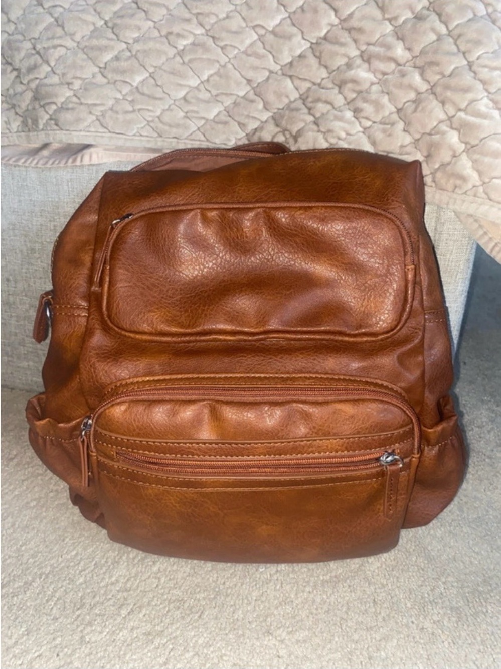 Unisex  Leather-Style Brown Backpack - Casual Everyday Bag